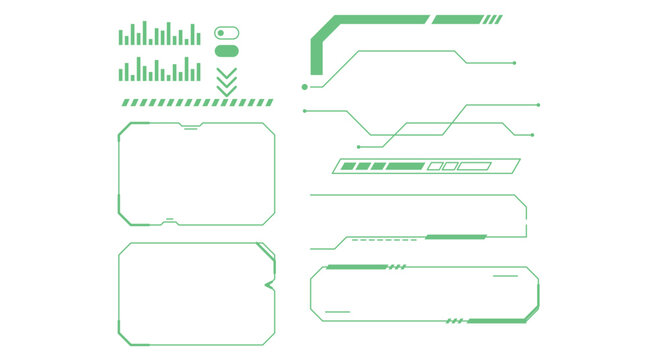 Futuristic hud interface green line elements set isolated on white background including frame borders text boxes and digital charts