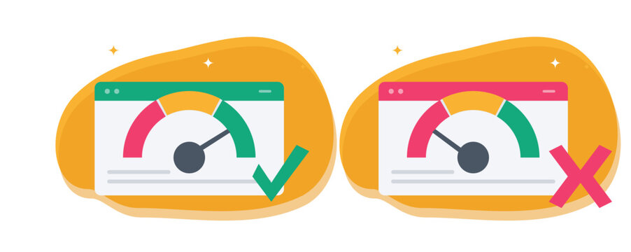 Website loading speed testing optimization concept illustration with side by side web performance speedometer interfaces showing check and cross