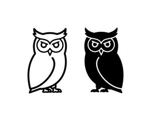 Fototapeta premium Minimalist Owl Icons, Black and White Bird Silhouettes, Vector Graphics