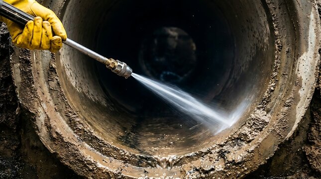 Close up of gloved hand pressure washing inside large concrete sewer pipe covered in mud and grime, cleaning infrastructure with water jet.