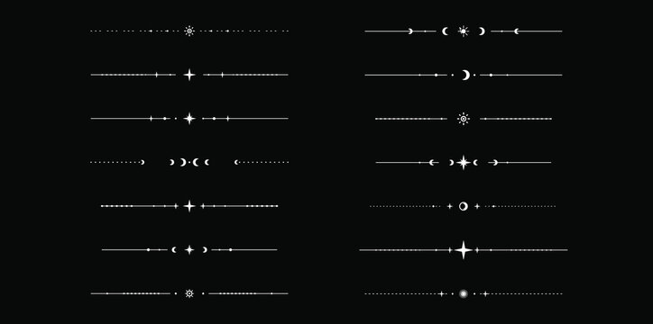 Collection of celestial mystic dividing lines with stars and moon phases icons vector silhouettes set on dark background backdrop
