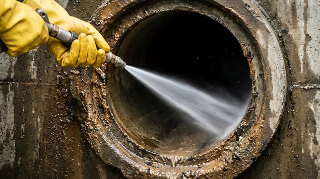 Close up of gloved hand pressure washing inside large concrete sewer pipe covered in mud and grime, cleaning infrastructure with water jet.
