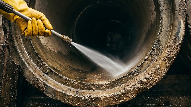 Close up of gloved hand pressure washing inside large concrete sewer pipe covered in mud and grime, cleaning infrastructure with water jet.