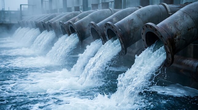 Industrial wastewater discharge pipes with flowing water, environmental pollution concept, large diameter tubes releasing liquid into body of water.