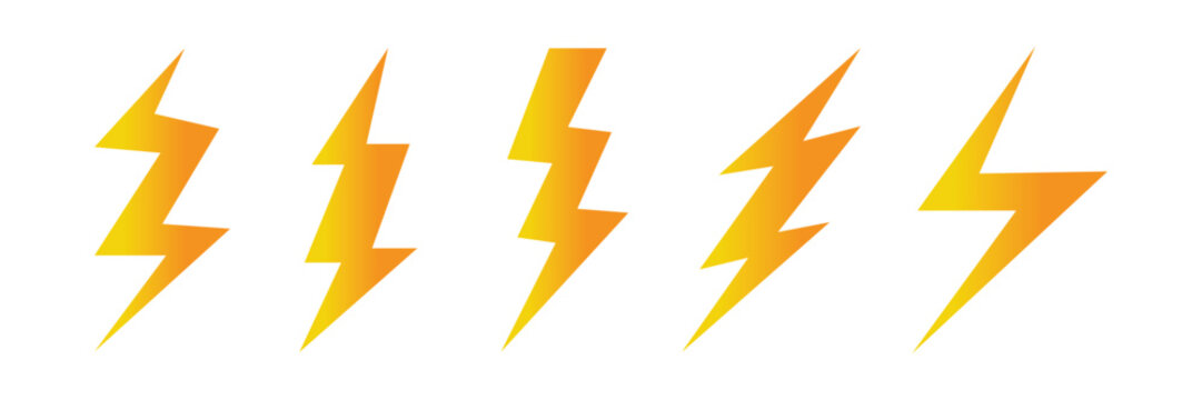 Yellow Lightning Bolt Icon Collection with solid gradient style. Electric Energy Flash Symbols Vector Set Isolated on white Background.
