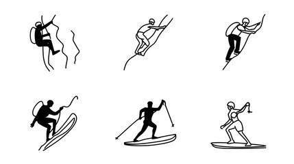 Illustration of Various Mountain Sports Activities Including Climbing, Skiing, and Snowboarding © AI PIC