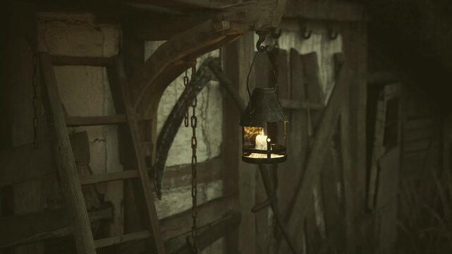 Close lantern casting warm glow on mullioned window, chain silhouette and sootstreaked glass, emphasis on texture, patina and intimate dim environment