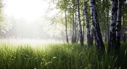 Obraz premium Sunlight filtering through birch trees onto a misty meadow with dew drops on grass