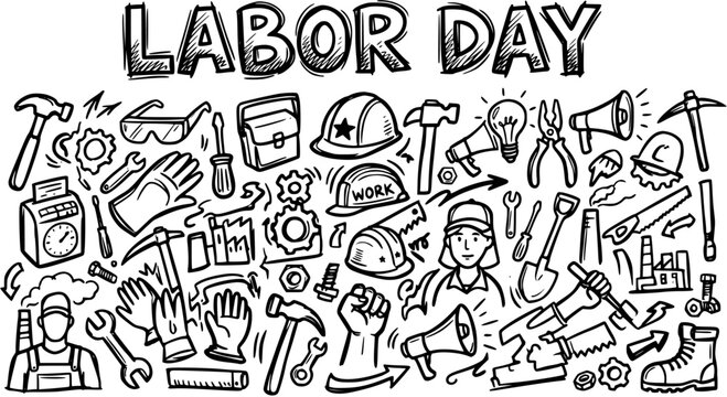 Labor Day Hand-Drawn Black and White Doodle Illustration Featuring Industrial Work Tools, Construction Equipment, and Workforce Elements