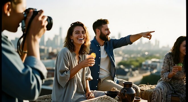 Group of friends enjoying city view at sunset with urban skyline background