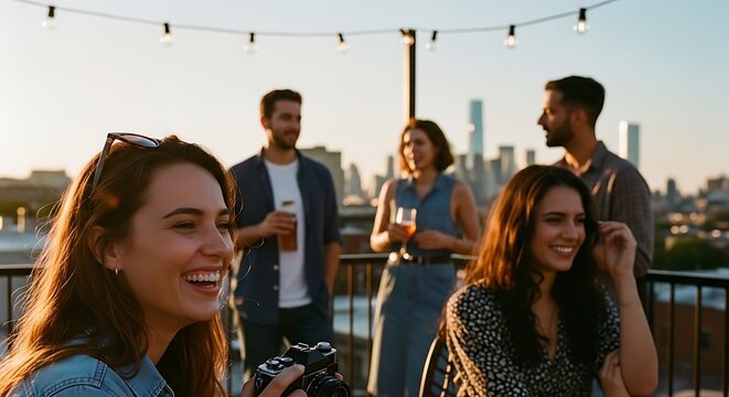 Group of friends laughing and talking during sunset rooftop gathering with city skyline
