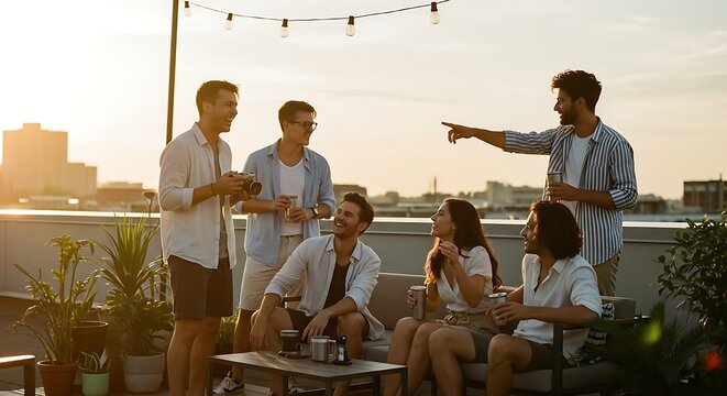 Group of friends celebrating sunset rooftop party with city skyline background