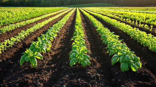 Organic herb farm in Canada featuring rows of basil, rosemary, and thyme in morning light