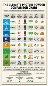 Ultimate protein powder comparison chart with eight protein types across six data columns including digestion speed and BCAA rating