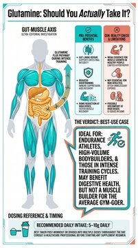 Glutamine supplement editorial guide with gut-muscle axis diagram, pro vs con comparison panel and best-use athlete verdict