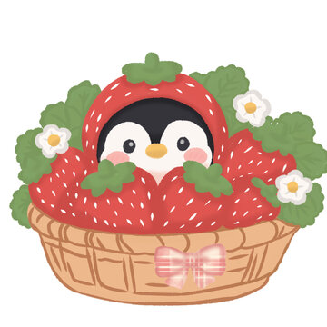 Cute Strawberry Basket Penguin Character