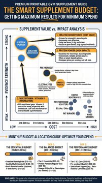 Smart supplement budget guide with evidence-strength vs cost scatter plot and three-tier monthly budget allocation reference