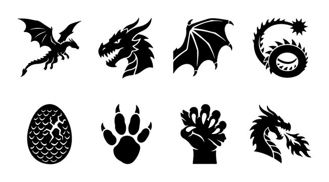 Dragon Icons Set, Mythical Creature Vector Graphics, Fantasy Elements Collection