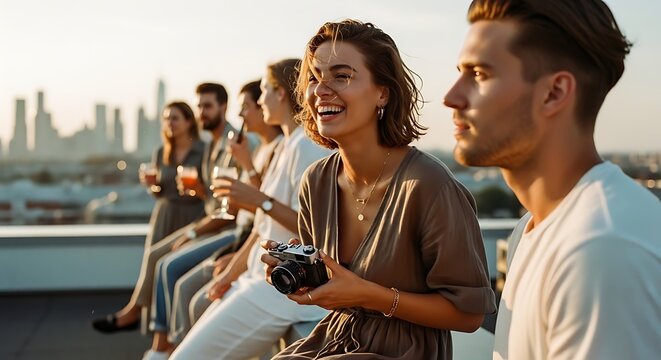 Friends enjoying drinks together at sunset rooftop bar with city skyline view