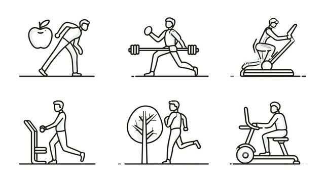 Line Art Icons Illustrating Various Fitness Activities and Healthy Lifestyle Choices
