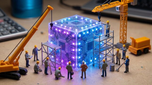 Tiny construction workers collaborate to build a glowing blue and purple electronic circuit board cube with cranes and scaffolding in a detailed miniature conceptual photography scene