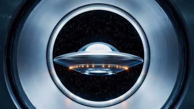UFO in space through circular frame