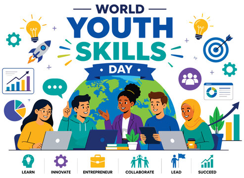 World Youth Skills Day flat vector illustration featuring diverse young entrepreneurs and innovators collaborating around a globe