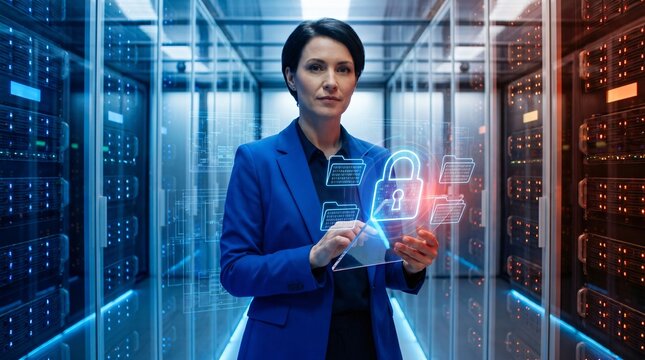 Professional female it specialist standing in a modern data center server room looking at a floating holographic security padlock icon for cyber security concept