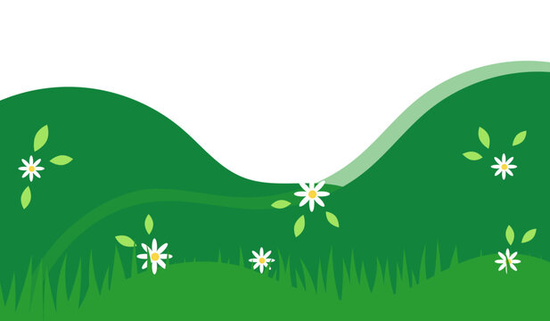 Green Rolling Hills Landscape with White Flowers and Leaves, Spring Nature Background Vector Illustration