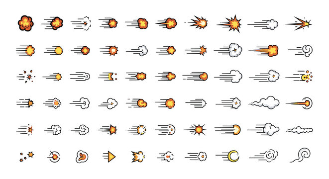 Extensive collection of colorful comic book style explosion effects, smoke puffs, and speed lines for action graphics.