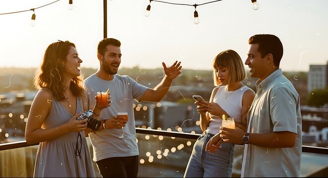 Friends socializing on rooftop during sunset