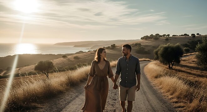 Couple walking hand in hand on a dirt road at sunset