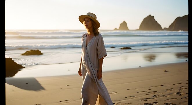 Woman walking on beach at sunset