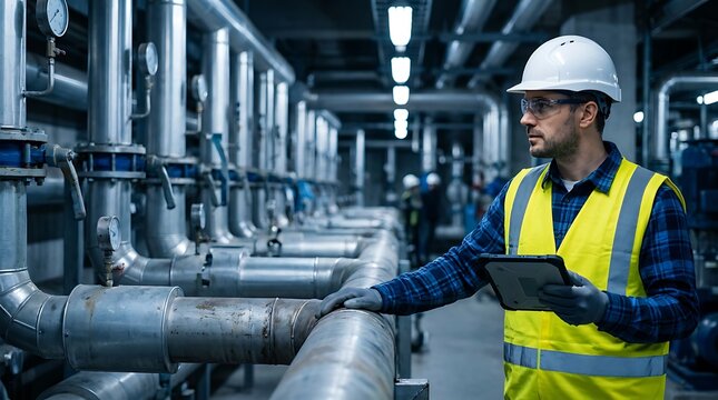 Engineer in safety vest and hard hat inspecting industrial pipes and gauges with tablet computer in factory plant interior.