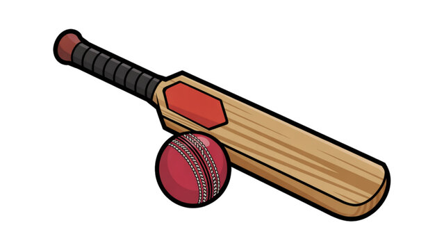 Pixel art cricket bat and red ball sports equipment icon