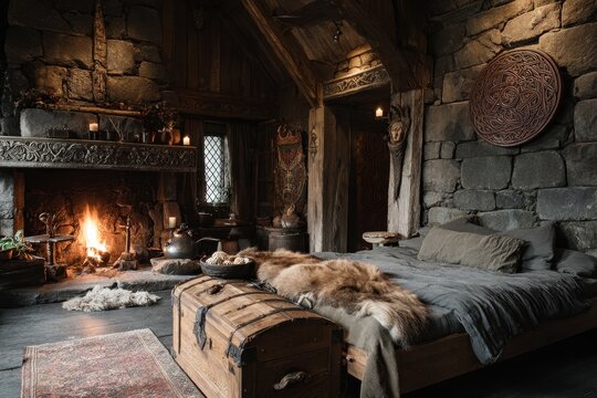 Rustic Interior Scene Cozy Bedroom With Fireplace And Chest Medieval Style Decor Warm Ambiance Wooden Beams Stone Walls Furred Bedding Dramatic Lighting