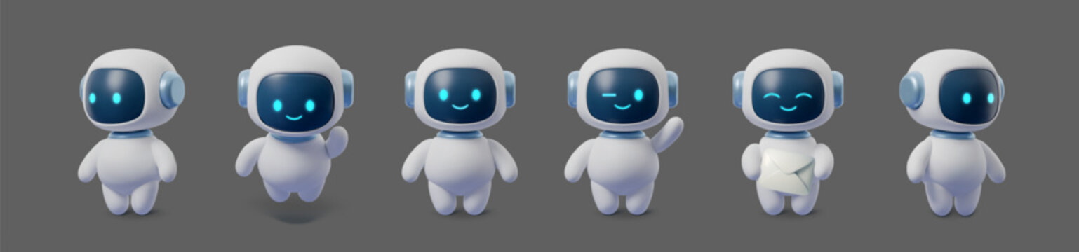 Set of Robot ai character with 3d chatbot emoji and avatar bot icon. Chat cute intelligence with artificial robot set and call white mascot. Technology isolated robot with center service 3d and ai