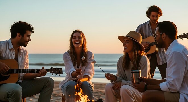 Friends having a beach bonfire party at sunset