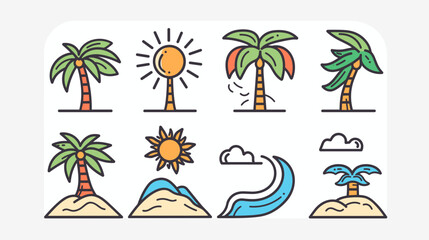 Obraz premium Set Of Iconic Tropical Elements Featuring Palm Trees Sun Clouds Waves And Sandy Beach Landscape