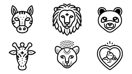 Obraz premium Set of Illustrative Animal Icons Including Zebra Lion Panda Giraffe and Cat with Heart Motif