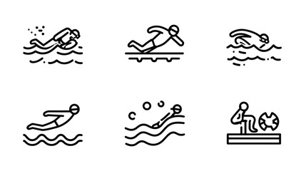 Fototapeta premium Set of Minimalist Outline Icons Depicting Various Swimming Styles and Water Activities