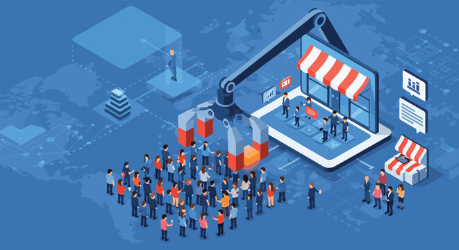 Isometric concept of online customer acquisition showing a giant magnet pulling people toward a digital storefront on a laptop.
