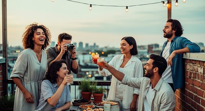 Friends toasting on rooftop during sunset party