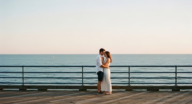 Couple embracing at sunset on wooden pier overlooking calm ocean horizon