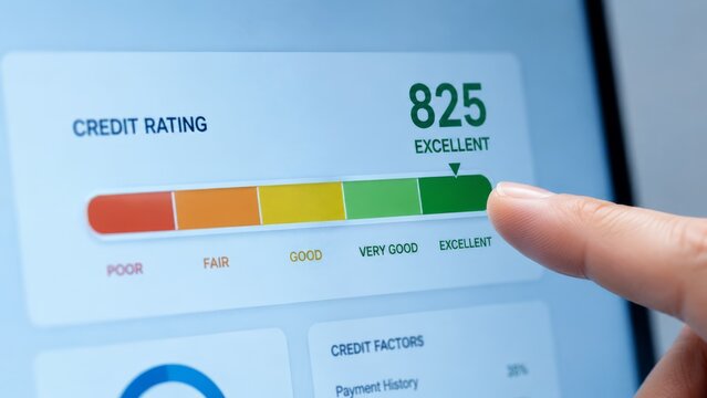 Finger pointing at excellent credit rating 825 on digital screen interface.