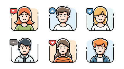 Fototapeta premium Set of Six Diverse Avatars Featuring People Expressing Emotions and Reactions in Social Media