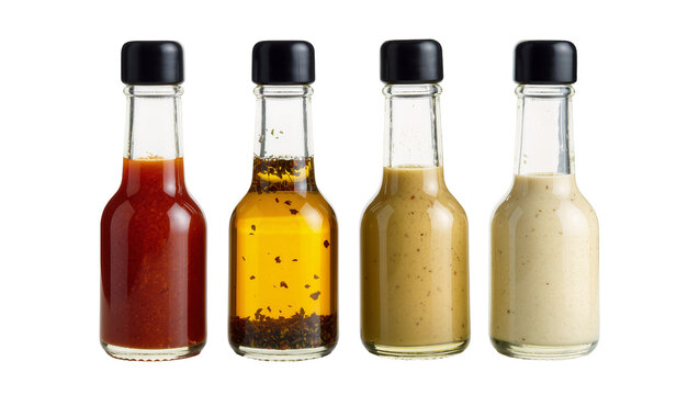 Four glass bottles with black caps containing sauces and dressings