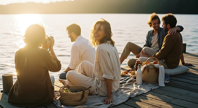 Group of friends meditating together at sunset on wooden pier by calm lake