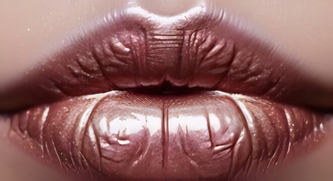 Close up of a womans metallic rose gold lips with a glossy finish.