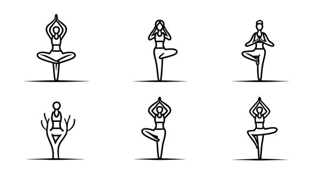 Set of Six Minimalist Yoga Poses for Health and Fitness Practice in Simple Line Art Style